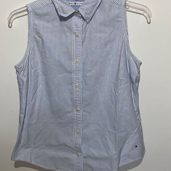 Tommy Hilfiger Women's Blue White Striped Button Front Sleeveless Blouse Medium - Picture 1 of 8